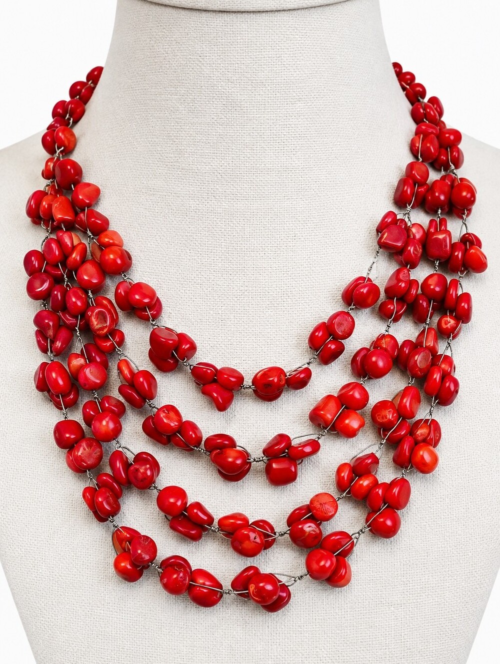 Lucas Lameth Red Coral Multi Strand Sterling Silver 925 Statement Necklace
